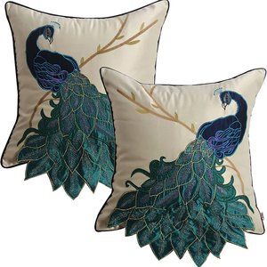 2 Pcs Peacock With Embroidery Square Pillow Cases